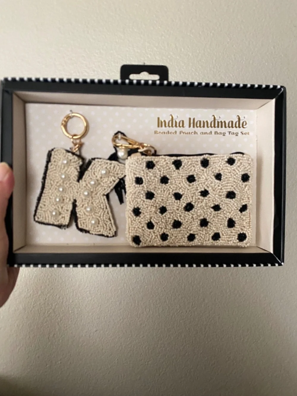 NIB India Handmade Beaded Pouch and Bag Tag Set Polka Dot 